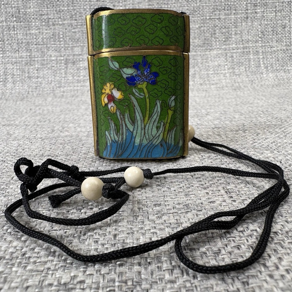 Vtg Shashi Green Cloisonne Enamel Floral Japanese Inro Copper Base Necklace